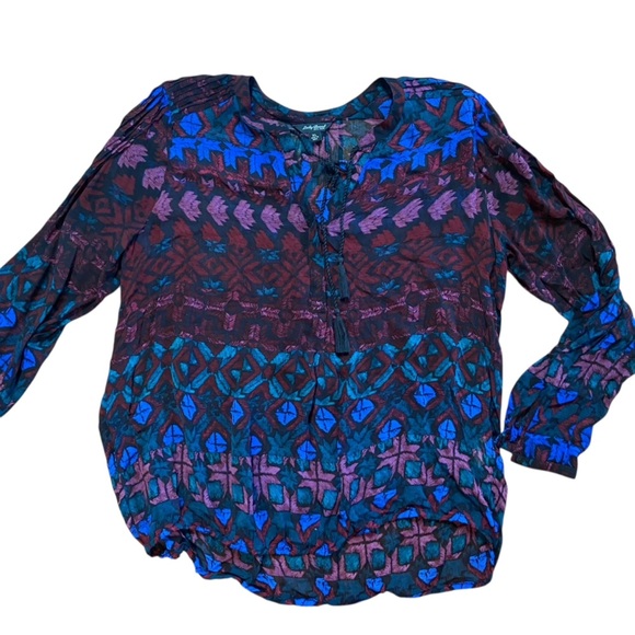 LUCKY BRAND Women’s Black Geometric Print Sheer Blouson Top Size XL Boho Light - Picture 2 of 10